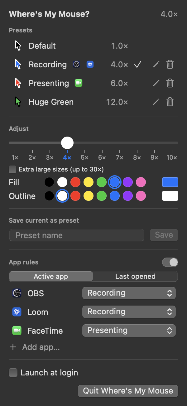 The Where's My Mouse? menu: presets with pinned apps, a size slider, fill and outline colors, and app rules